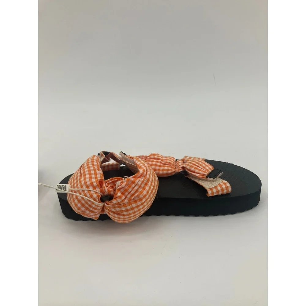 Zara‎ Sandals Girls US 3.5 Orange Checkered Gingham Open Toe Platform Strappy